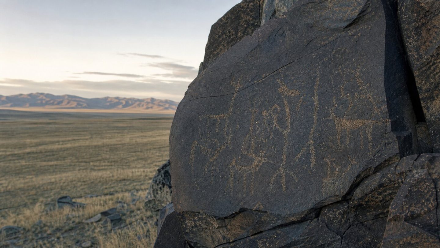 Petroglyph panel in a steppe landscape