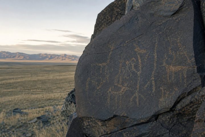Petroglyph panel in a steppe landscape